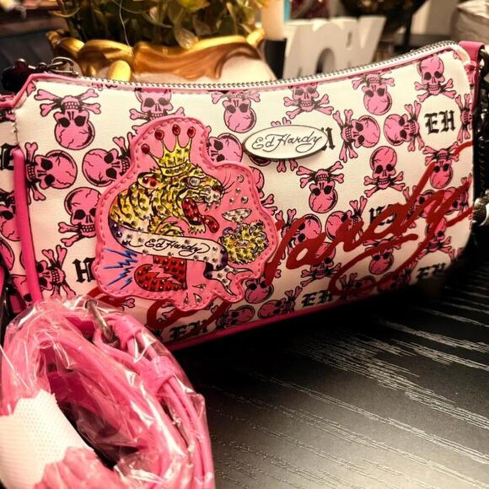 Ed Hardy Pink Skull Tiger Shoulder Bag Crossbody Rhinestone Y2K NWT
